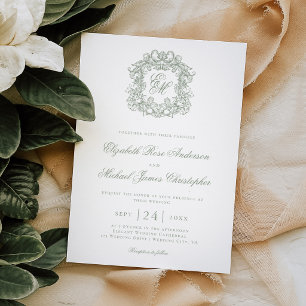 Elegant Sage Green Monogram Crest Wedding Invitation