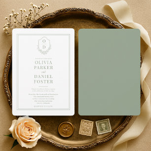 Elegant Sage Green Monogram Crest Wedding Invitation