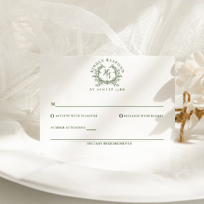 Elegant Sage Green Monogram Crest Wedding RSVP Card