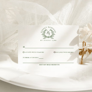 Elegant Sage Green Monogram Crest Wedding RSVP Card
