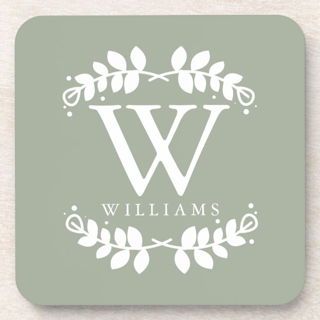 Elegant Sage Green Monogram Drink Coaster (Front)