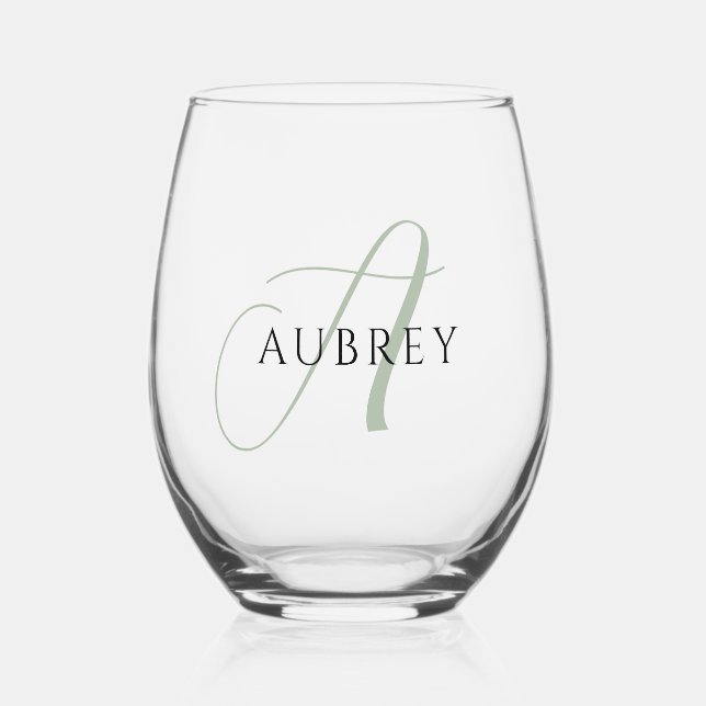 Elegant Sage Green Monogram Drinkware Set Stemless Wine Glass (Front)