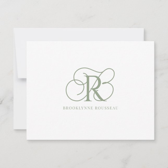 Elegant Sage Green Monogram Flat Note Card (Front)
