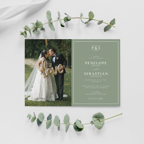 Elegant Sage Green Monogram Formal Photo Wedding Invitation