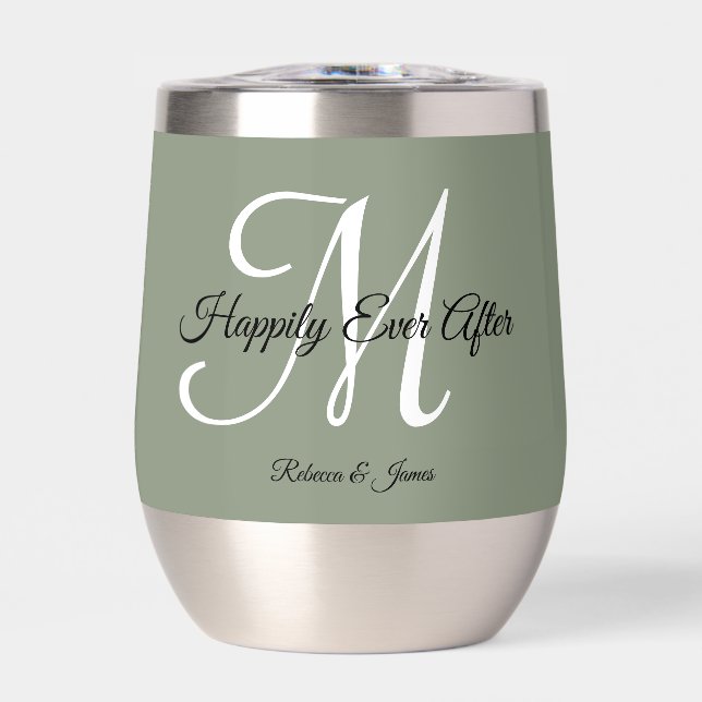 Elegant Sage Green Monogram Happily Ever After  Thermal Wine Tumbler (Front)