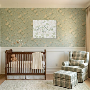 Elegant Sage Green Monogram Hydrangea Nursery Faux Canvas Print