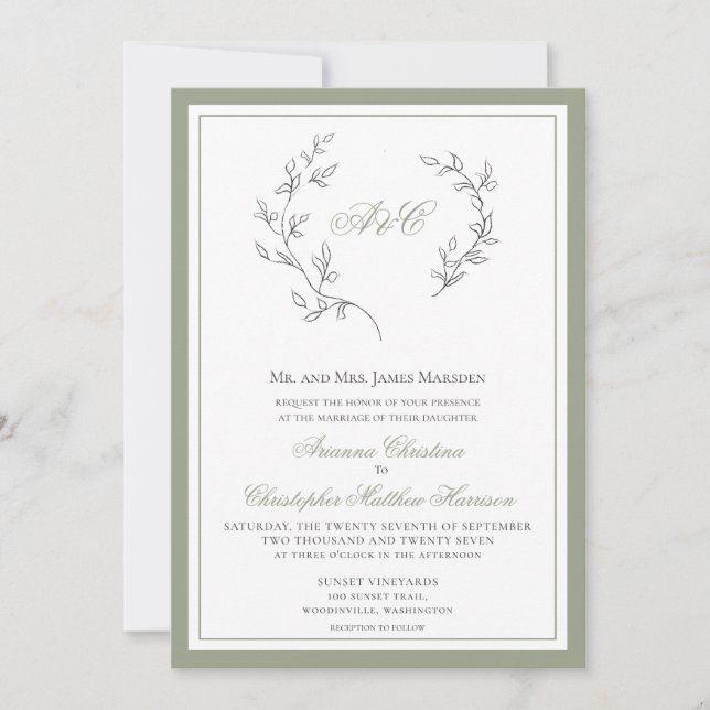 Elegant Sage Green Monogram Leaf Wreath Wedding In Invitation (Front)