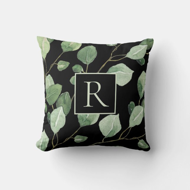 Elegant Sage Green Monogram Leaves  Throw Pillow (Front)