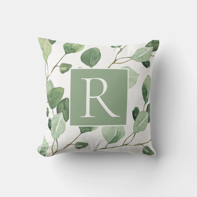 Elegant Sage Green Monogram Leaves Throw Pillow (Front)