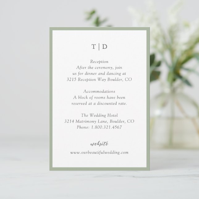 Elegant Sage Green Monogram Modern Wedding Enclosure Card (Standing Front)