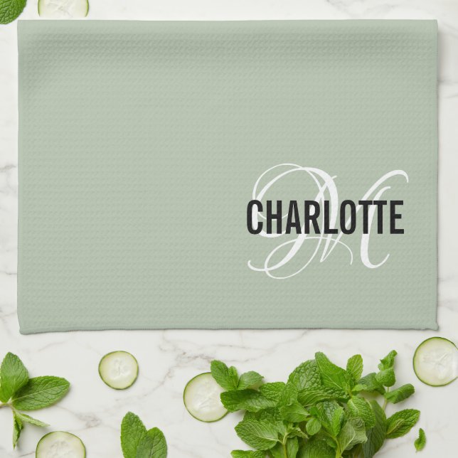 Elegant sage green monogram name kitchen towel (Folded)