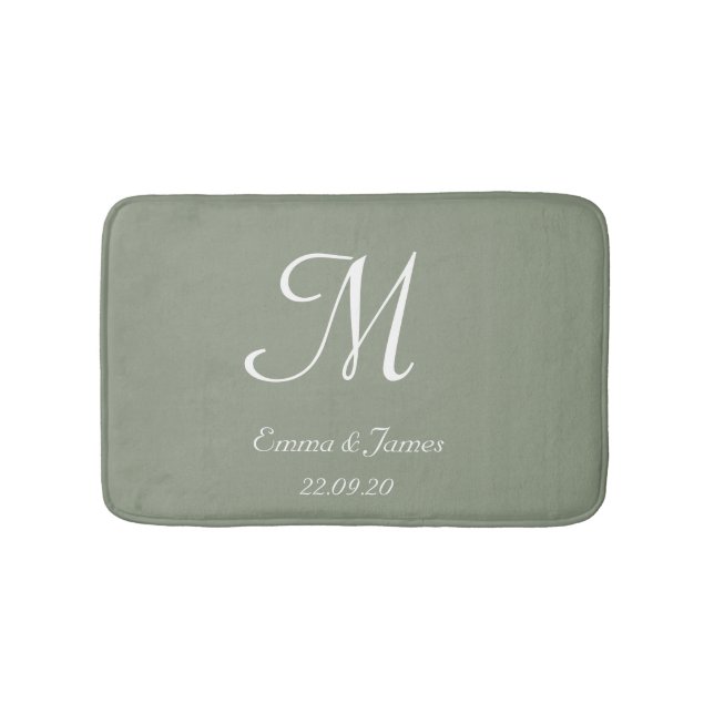 Elegant Sage Green Monogram Name Newlyweds Bath Mat (Front)