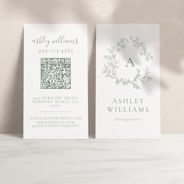 Elegant Sage Green Monogram QR Code Floral Crest  Business Card (Creator Uploaded)