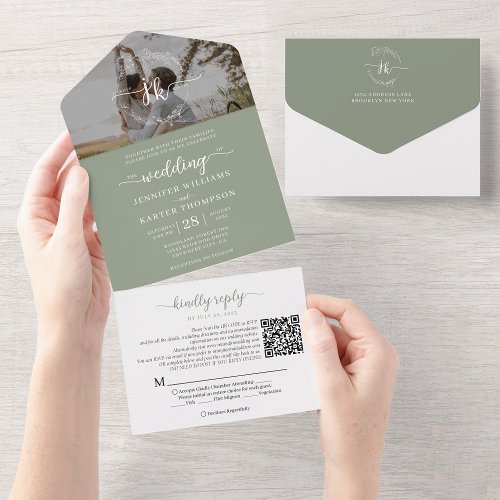 Elegant Sage Green Monogram QR Code Photo Wedding All In One Invitation