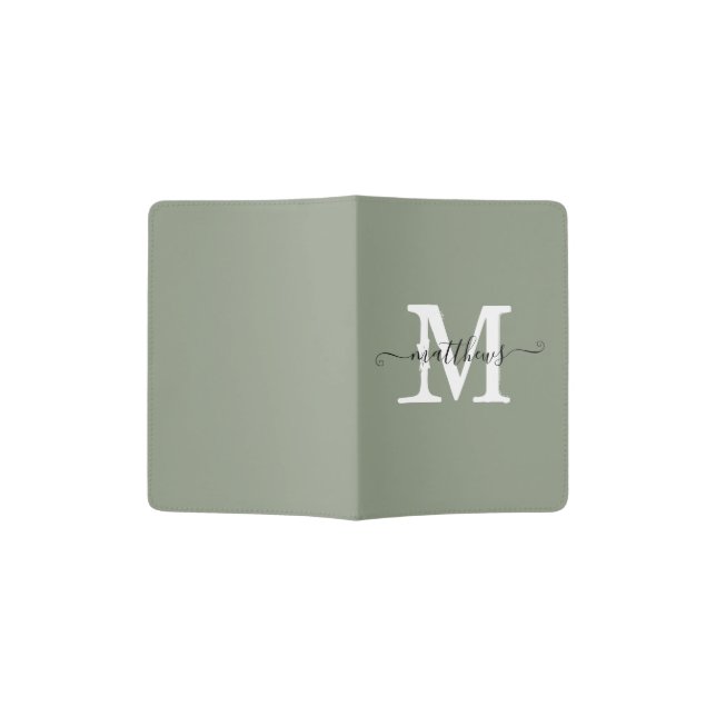 Elegant Sage Green Monogram Script Name Custom Passport Holder (Opened)
