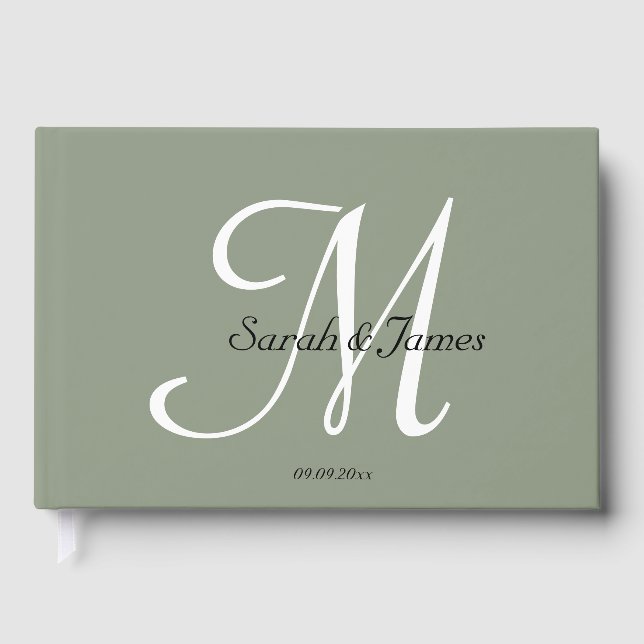 Elegant Sage Green Monogram Script Wedding Party Foil Guest Book (Front)