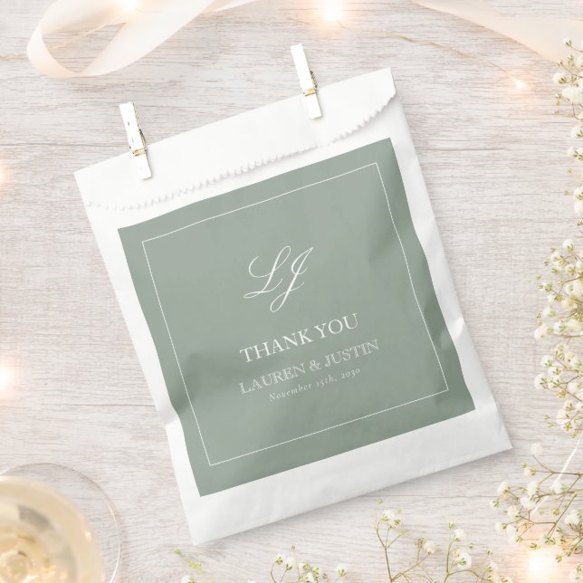 Elegant Sage Green Monogram Thank You Wedding Favor Bag (Clipped)