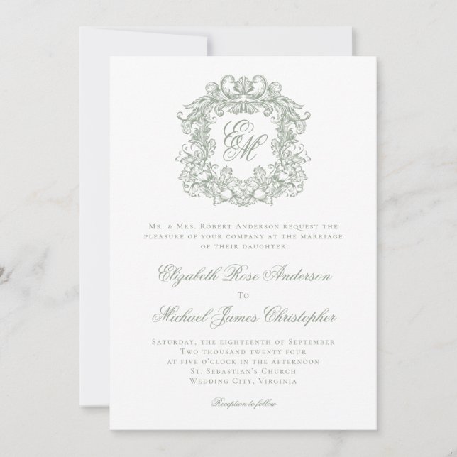 Elegant Sage Green Monogram Wedding Crest Invitation (Front)