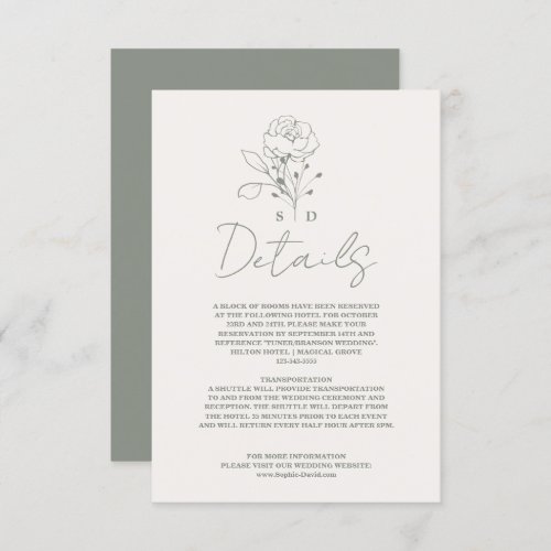 Elegant Sage Green Monogram Wedding Details Enclosure Card