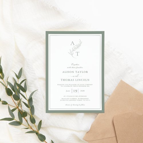 Elegant Sage Green Monogram Wedding Frame  Invitation