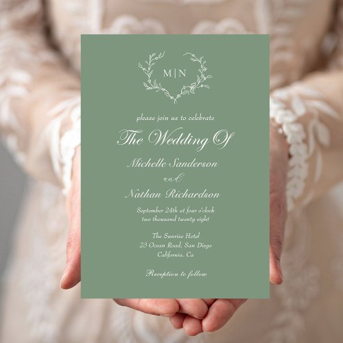  Elegant Sage Green Monogram Wedding  Invitation