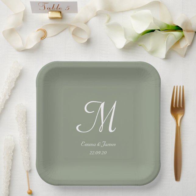 Elegant Sage Green Monogram Wedding Party Cocktail Paper Plates (Wedding)