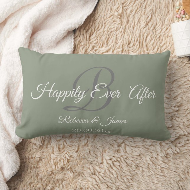  Elegant Sage Green Monogrammed Happily Ever After Lumbar Pillow (Blanket)