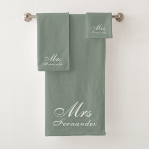 Elegant Sage Green Mrs. Bridal Shower Gift Bath Towel Set