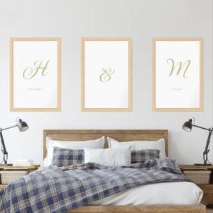 Elegant Sage Green Name Initial Letter   White Wall Art Sets