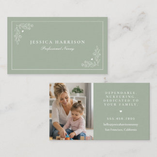 Elegant Sage Green Nanny with Photo Business Card