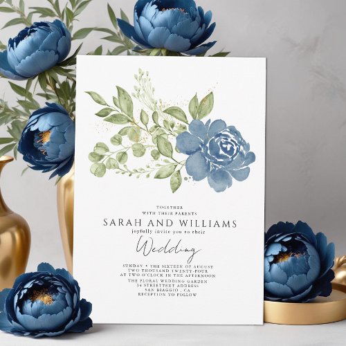 Elegant Sage Green Navy Blue  Floral Boho Wedding  Invitation