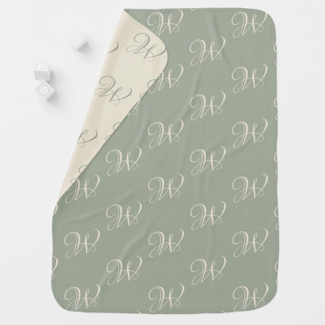Elegant sage green off white custom script initial baby blanket (In Situ)
