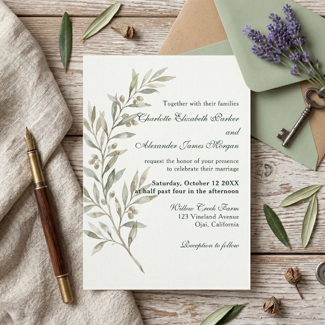 Elegant Sage Green Olive Branch Botanical Wedding Invitation (Creator Uploaded)