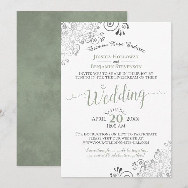Elegant Sage Green on White Wedding Livestream Invitation (Front/Back)