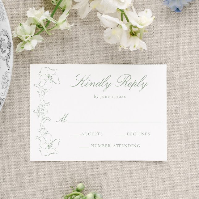 Elegant Sage Green Ornate Floral Frame Wedding RSVP Card (Creator Uploaded)