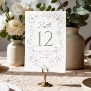 Elegant Sage Green Ornate Floral Frame Wedding Table Number