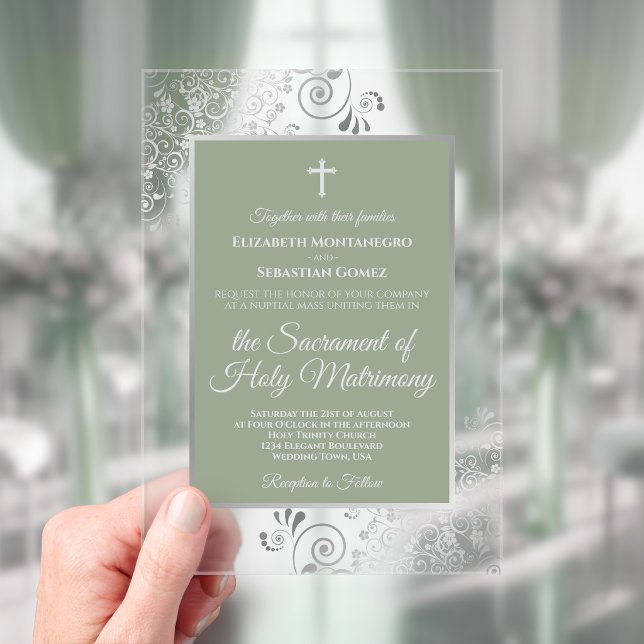 Elegant Sage Green Ornate Silver Catholic Wedding Acrylic Invitations (Creator Uploaded)