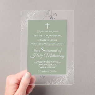 Elegant Sage Green Ornate Silver Catholic Wedding Acrylic Invitations