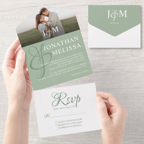 Elegant Sage Green Overlay Photo Monogram Wedding All In One Invitation