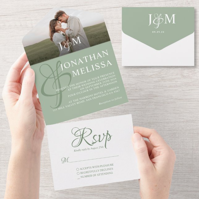 Elegant Sage Green Overlay Photo Monogram Wedding All In One Invitation (Creator Uploaded)