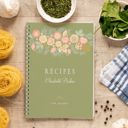 Elegant sage green pastel floral cookbook recipes notebook