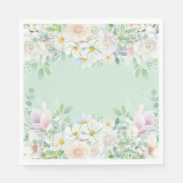 Elegant Sage Green Pastel Floral Garden Birthday Napkins (Front)