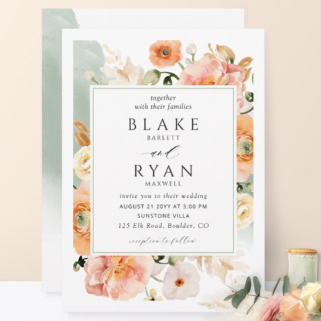 Elegant Sage Green, Peach Botanical Wedding Invitation (Creator Uploaded)