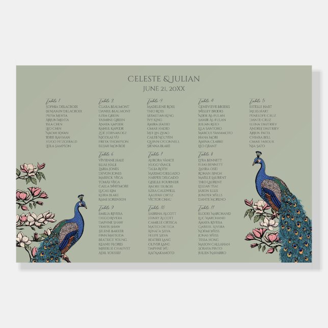 Elegant Sage Green Peacock Botanical Seating Chart Foam Board (Front)