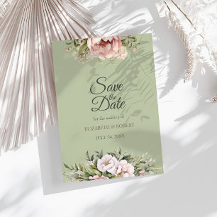 Elegant Sage Green Peony Floral Save the Date Card