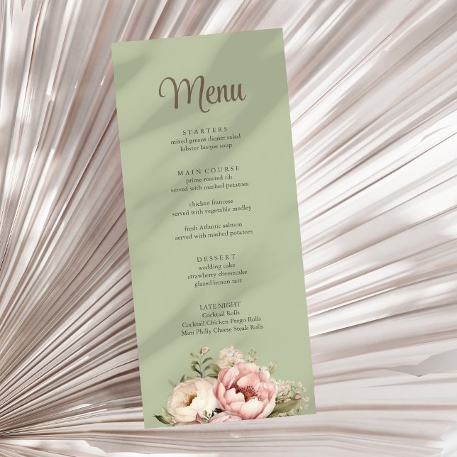 Elegant Sage Green Peony Floral Wedding Menu (Elegant Sage Green Peony Floral Wedding Menu on a sunny neutral dry palm leaf)