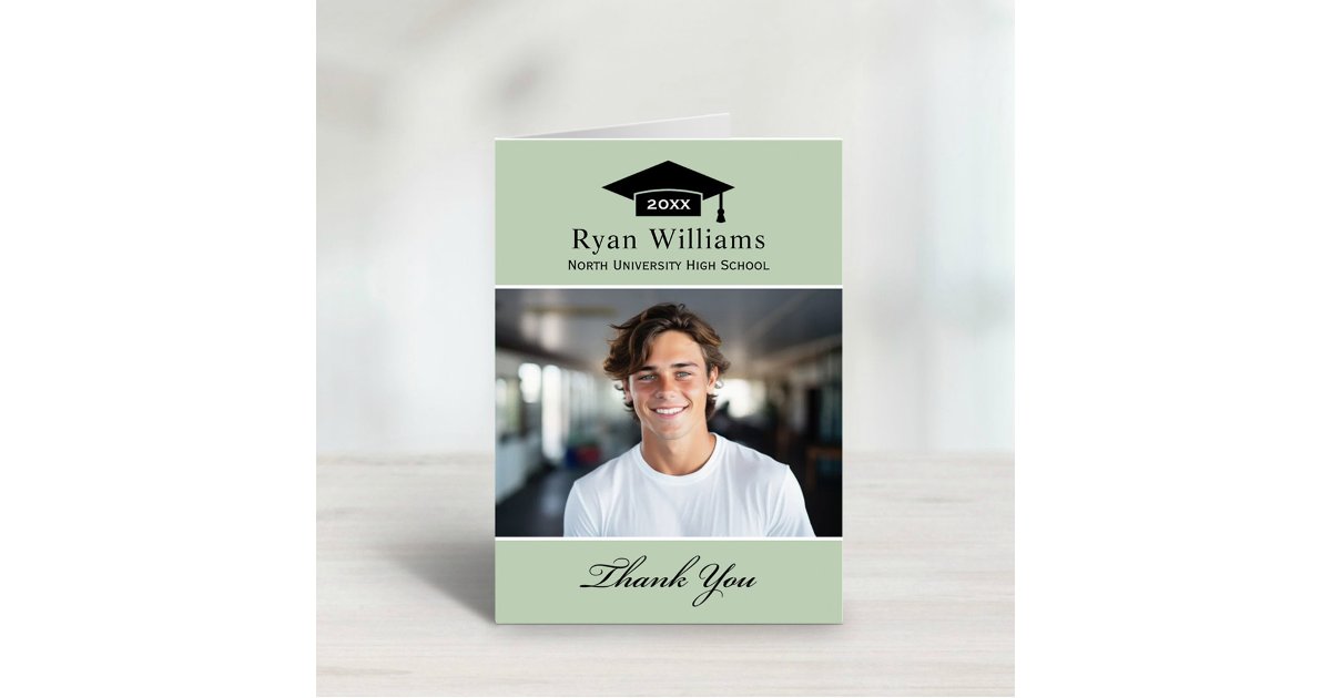 Elegant Sage Green Personalized Graduation Photo Thank You Card | Zazzle