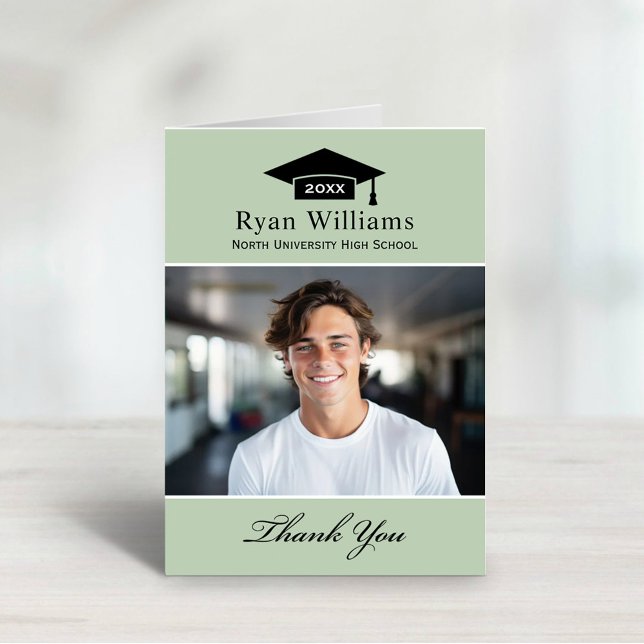 Elegant Sage Green Personalized Graduation Photo Thank You Card (Creator Uploaded)