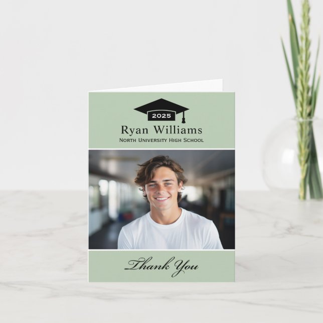 Elegant Sage Green Personalized Graduation Photo Thank You Card (Front)