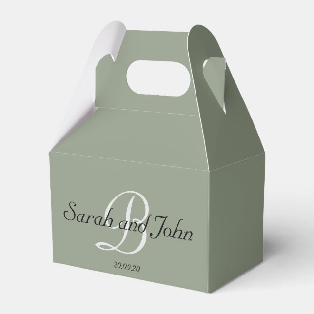Elegant Sage Green Personalized  Monogram Wedding  Favor Boxes (Front Side)
